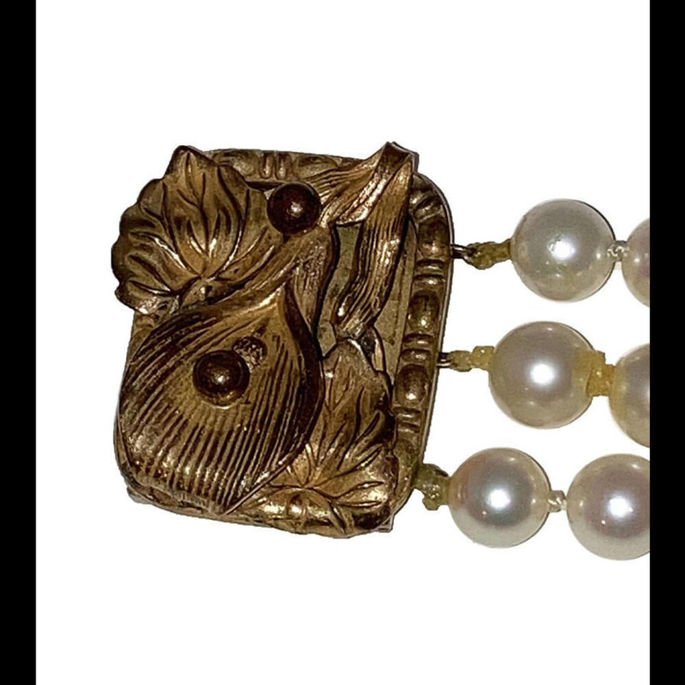 Art Nouveau Brass Floral Cultured Pearl Bracelet